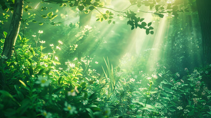 Beautiful green forest under a gentle morning light