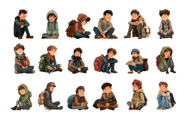 Homeless people cartoon vector set. Men boys young old poor people hoodie backpack shabby worn clothes, begging desperate sad street living sitting poses characters, illustrations isolated on white