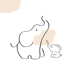 Continuous one line drawing. Elephant with baby symbol. Logo of the elephant. Vector illustration