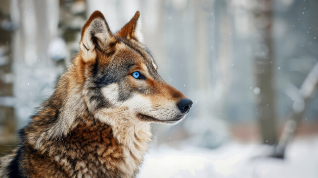 A portrait of a brown and grey wolf with bright blue eyes