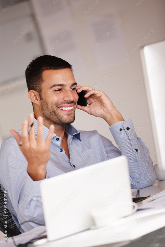 Poster man, excited and phone call in office for networking, computer and business deal negotiation. male p