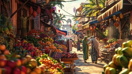 A vibrant street market with colorful stalls selling exotic fruits, spices, and handicrafts, with...