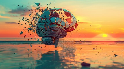 Shattered glass brain concept on sunset background. National Mental Health Awareness - Powered by Adobe