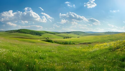 Beautiful spring landscape with green meadows and blue sky with clouds