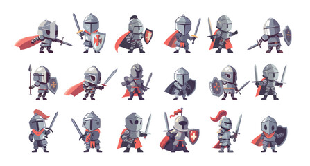 Noble Knight cartoon vector set. Medieval warrior steel armor sword shield helmet red cape mercenary prince royal military character, illustrations isolated on white background