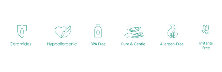 Skin Health Icon: Ceramide-Enriched, Hypoallergenic, BPA-Free, Non-Comedogenic, Fragrance-Free, Alcohol-Free Vector Design