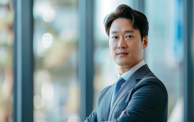 Portrait of a young asian businessman standing with arms crossed in office