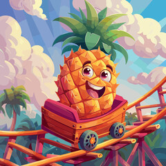 Pineapple roller coaster attraction vector concept. Positive tropical fruit smiling eyes mouth sitting kart character high speed amusement park, summer advertising colorful poster