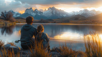 Adult and child enjoying sunset by the lake with fishing rod. Global Day of Parents - obrazy, fototapety, plakaty