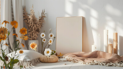 photorealistic mock up for small blank canvases in various sizes in a cute home with daisies and candles and linen Ai generative 