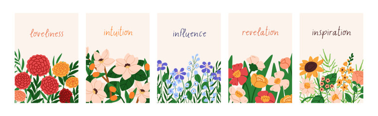 Obraz premium Floral background designs set. Beautiful blossomed flowers, gentle wildflowers, spring and summer cards. Natural botanical posters with blooming field and meadow plants. Flat vector illustration