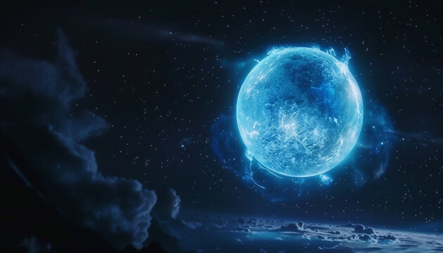 cinematic photoreal bright blue orb in night sky