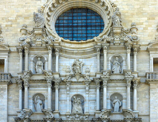Architectural details of the medieval facade of the Saint Mary cathedral of the Gerona city
