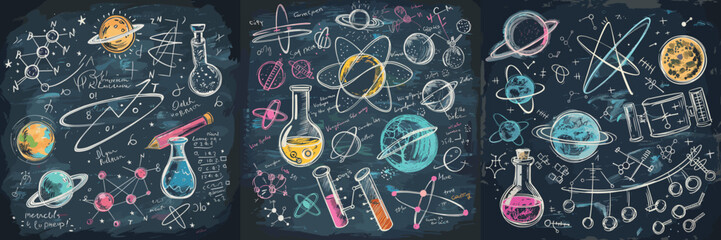School board scientific formulas cartoon vector concepts. Chemical physical compounds forms molecular crystal cell sketches, planet tests tubes atoms protons neutrons splendid education posters