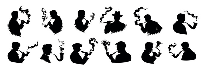 Smoking gentlemen black silhouettes vector pack. Aristocrats smokers hat cap smoke clubs holding pipe characters illustrations isolated on white background