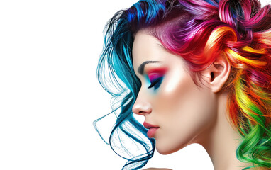 Vibrant Beauty, Woman with Multi-Hued Hair and Artistic Makeup against White Backdop