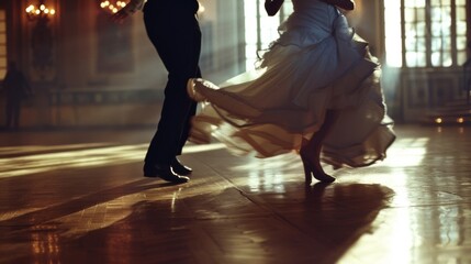 The graceful defined muscles of a ballroom dancer as they move across the floor with precision and...