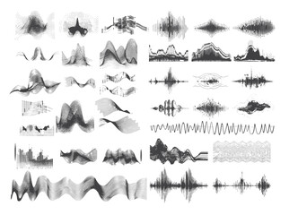 Sound waves black vector set. Voice radio communication walkie talkie musical audio transmitter signal frequencies icons, illustrations highlighted on white background