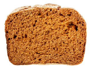 Slice of fresh delicious dark bread on white background in sunlight close up. Isolated