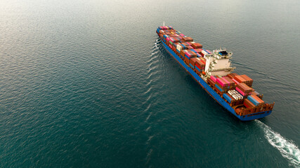Aerial view cargo container ship, Container cargo vessel ship carrying container for import export...