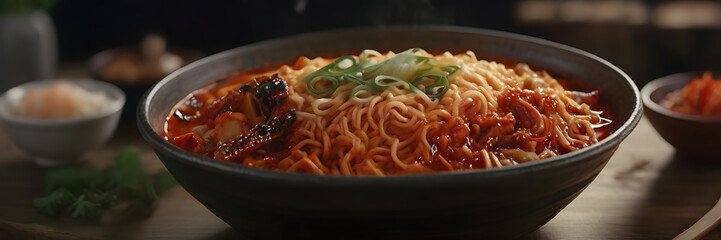 3:1 banner. Fiery Flavor: Korean Spicy Instant Noodles with Kimchi. Perfect for casual lunches, late-night snacks, Korean food festivals, spicy food challenges, comfort food cravings.