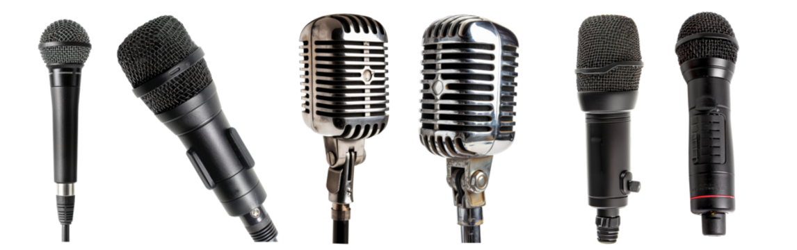 Collection of professional stage microphones, isolated on transparent background.