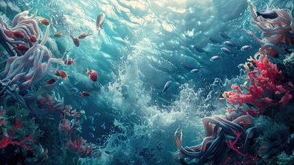 A whimsical underwater pattern with swirling sea creatures and aquatic elements dancing amidst a backdrop of ocean waves and coral reefs, evoking the magic and mystery of the underwater world, 