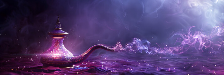 Aladdin magic lamp on purple background, Lamp of wishes concept