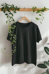 Black T-shirt on wooden hanger with tropical plants.