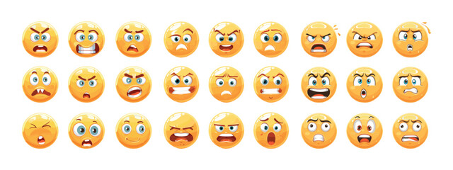 Yellow emoji cartoon vector set. Anger irritation rage smile rabies bewilderment curiosity confusion sadness hysteria nervousness various emotions, chats messengers communication mood emoticons - 791404128