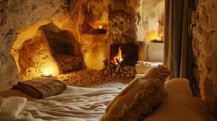 A warm fireplace crackles in the corner of a cave hotel room adding a cozy touch to the already peaceful and serene atmosphere of this unique accommodation. 2d flat cartoon.