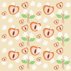 Hand drawn peach and white flowers pattern. Peach fruit pattern. Fruit Background