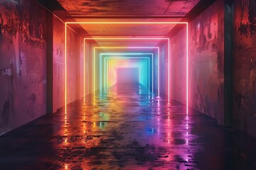 Neon light art illuminating a dark room