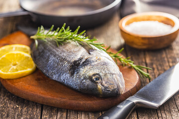 Fresh sea bream fish on cutting board on wooden table. - 791405187