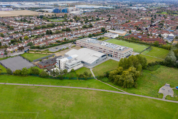 Fototapeta na wymiar Aerial photo of the town of Dagenham, a district and suburban town in East London, England showing a typical British housing estates from above