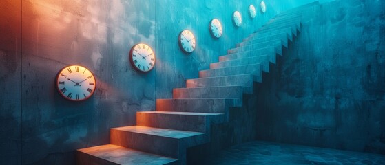 A staircase with a clock on each step ticking down to success - obrazy, fototapety, plakaty
