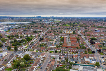 Obraz premium Aerial photo of the town of Dagenham, a district and suburban town in East London, England showing a typical British housing estates from above