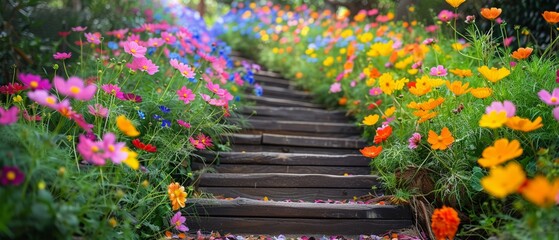 A staircase leading through a field of blooming flowers