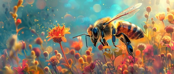 A bee pollinating a flower in a biodiverse habitat - obrazy, fototapety, plakaty