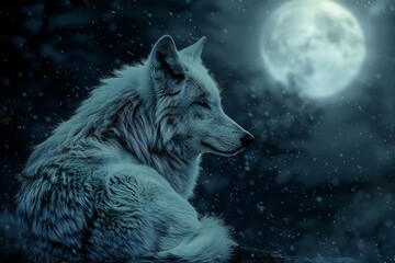 White wolf on the background of the moon in the night forest