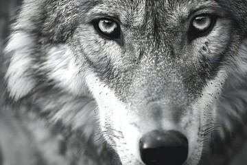 Close-up portrait of a wolf,  Black and white photo