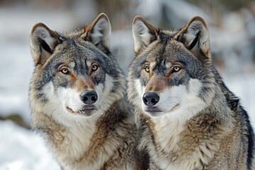 Two gray wolf looking at the camera in winter forest,  Close-up