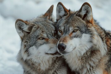 Two wolfs in the snow,  Close-up portrait of two wolfs