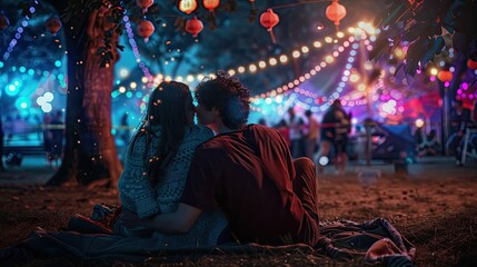 A young couple cuddled up on a blanket at a music festival, their faces illuminated by the colorful...