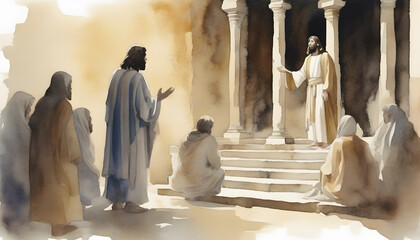 Watercolor painting of Jesus Christ visiting the Temple at Jerusalem. - obrazy, fototapety, plakaty