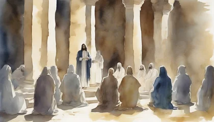 Fotobehang Watercolor painting of Jesus Christ visiting the Temple at Jerusalem. © Pram