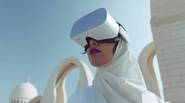 A woman in hijab experiencing virtual reality outdoors with an architectural backdrop