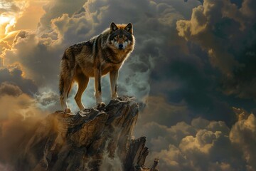 Wolf on the top of a rock in the sky with clouds