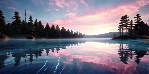 serene lake with reflections on the surface replaced with shimmering digital patterns - obrazy, fototapety, plakaty
