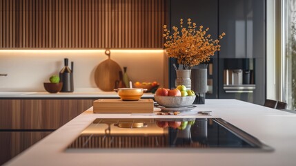 Modern kitchen interior design with granite countertop Digital composite on induction hob in modern kitchen